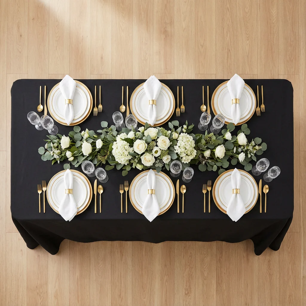 90"x132" Rectangular Oblong Premium Polyester Tablecloth - Black - Image 3