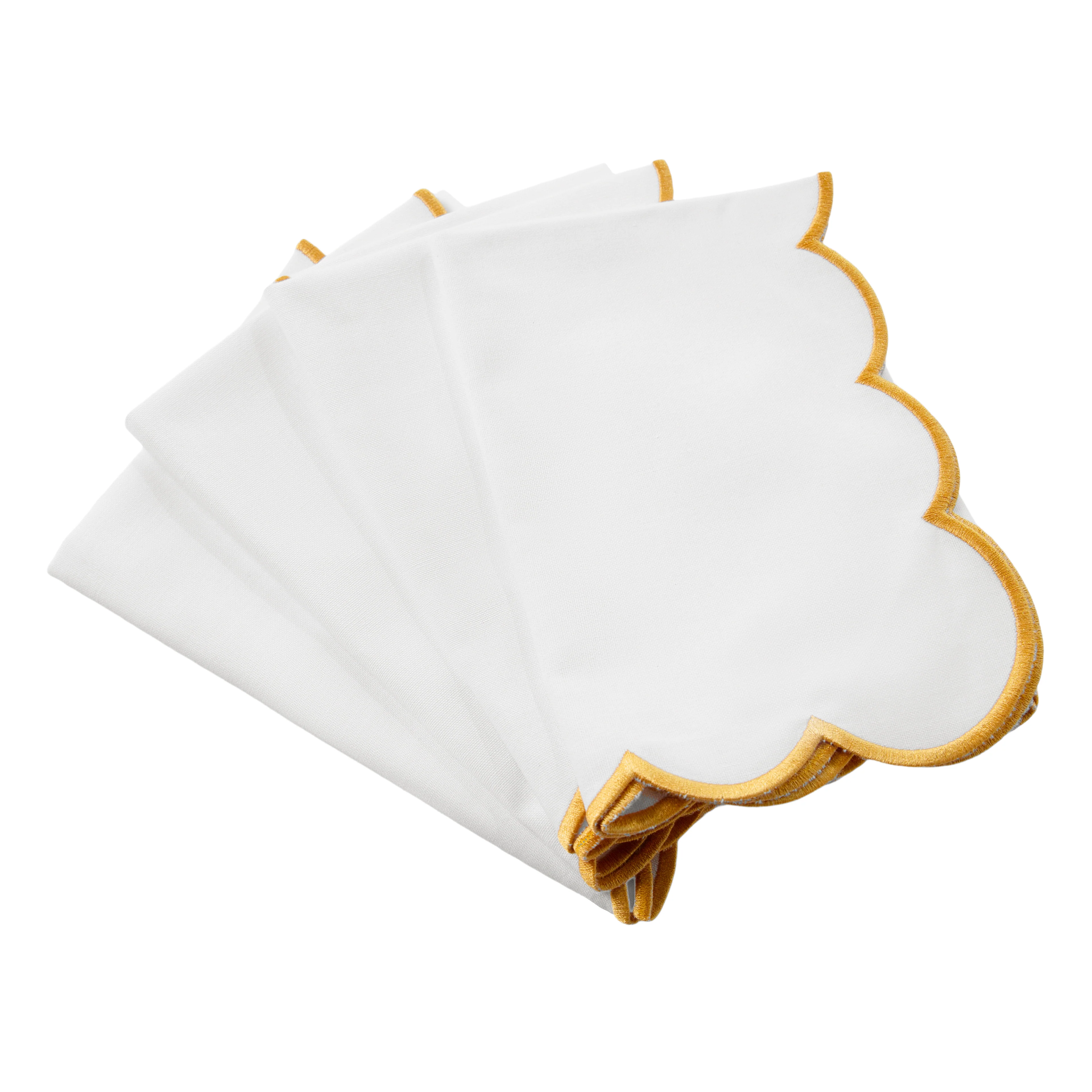 4 pc/pk Scalloped Edge Linen Napkin - White/Gold Trim - Image 3