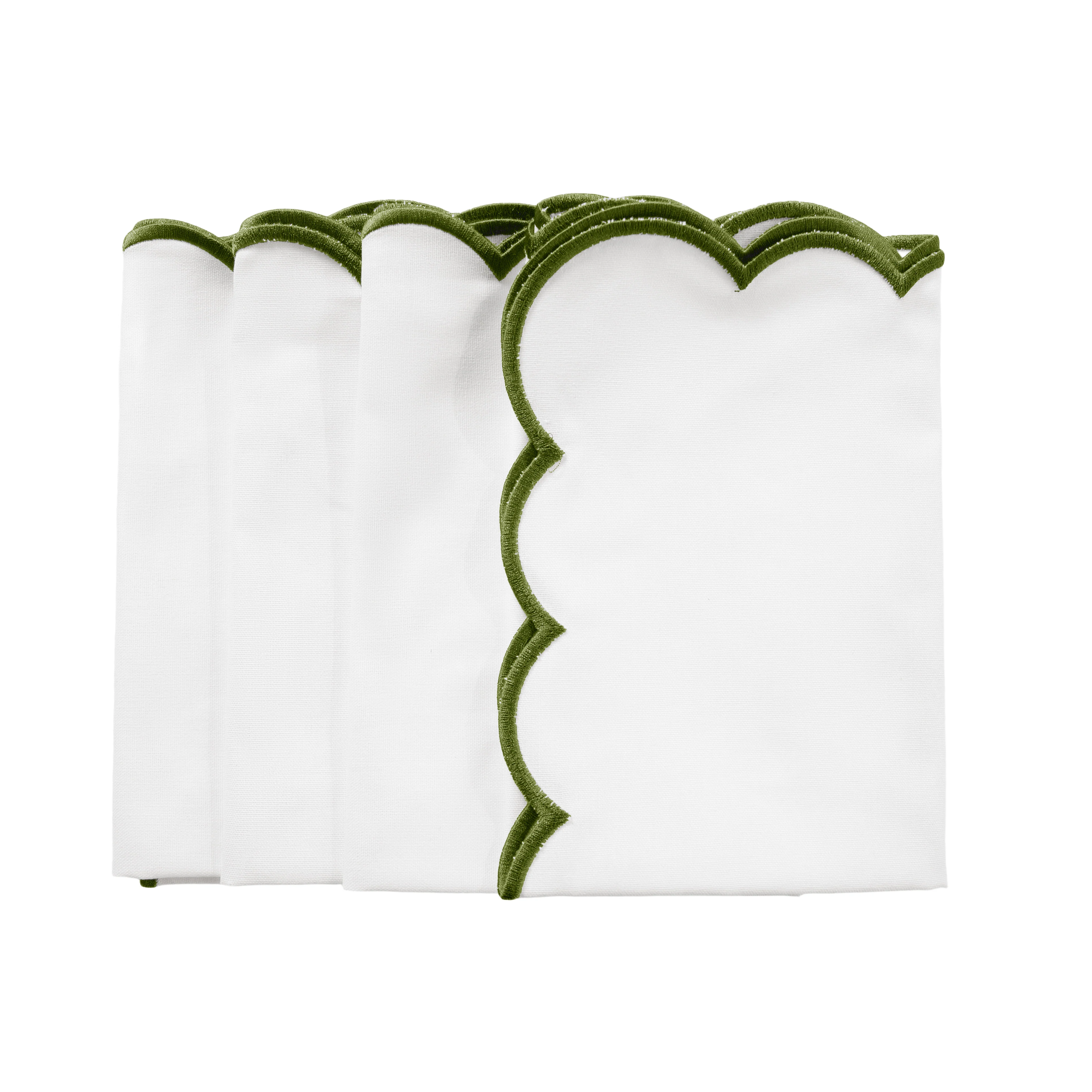 4 pc/pk Scalloped Edge Linen Napkin - White/Olive Green Trim - Image 5