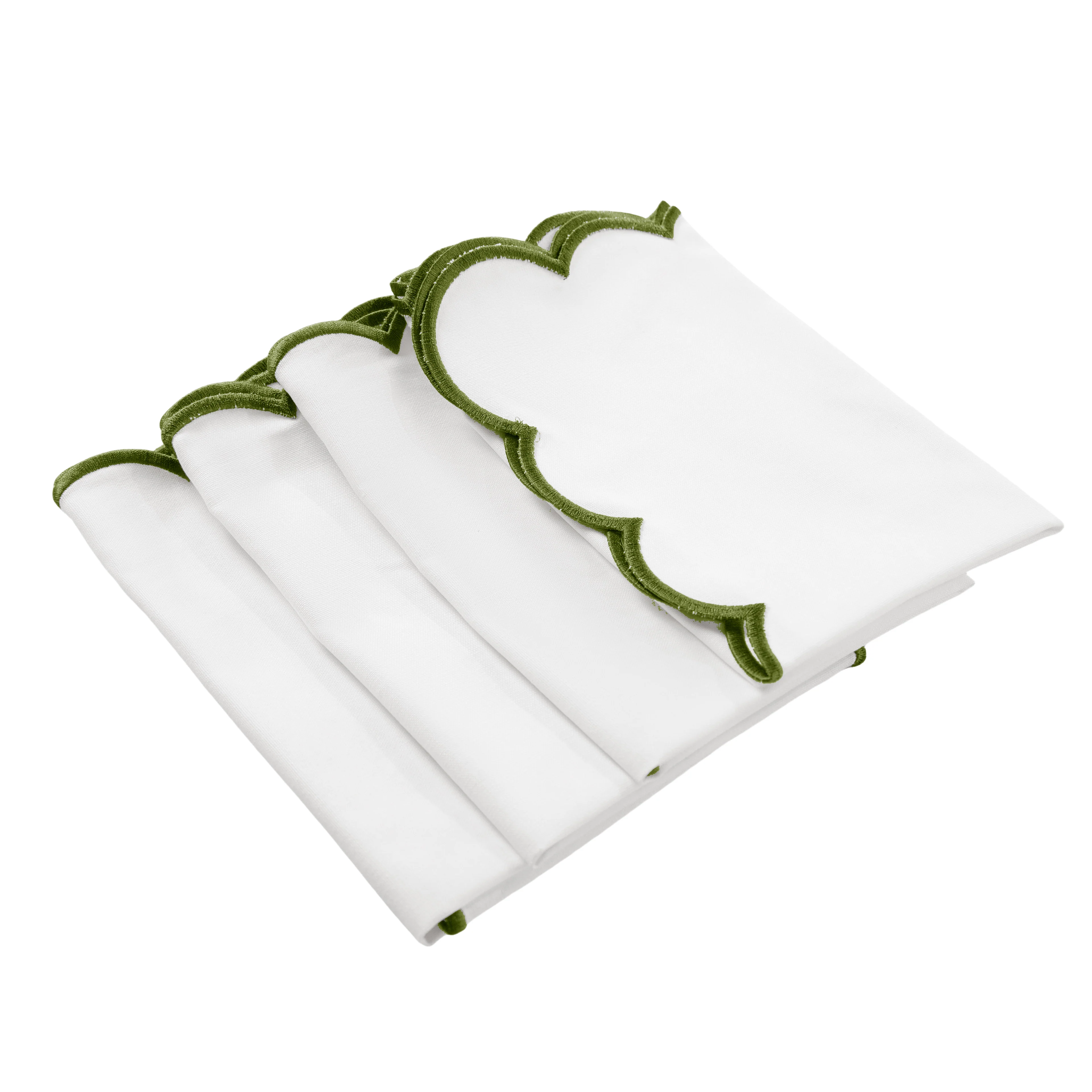 4 pc/pk Scalloped Edge Linen Napkin - White/Olive Green Trim - Image 7